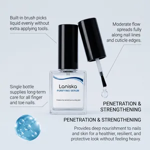 Detail of Laniska nail purifying serum showing brush applicator and deep nourishment benefits.