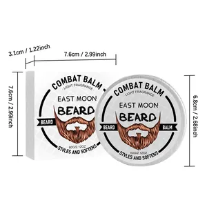 Bálsamo para barba East Moon 60g con dimensiones de la caja y el envase metálico.