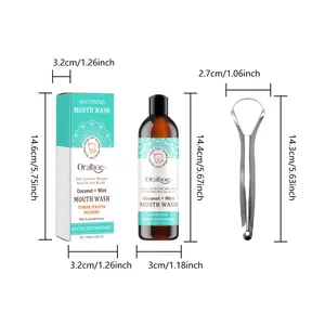 Detailed dimensions of Oralhoe teeth whitening mouthwash and tongue scraper set