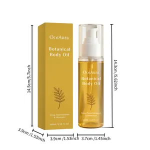 Dimensiones detalladas para el aceite corporal botánico OceAura 100ml y su caja.