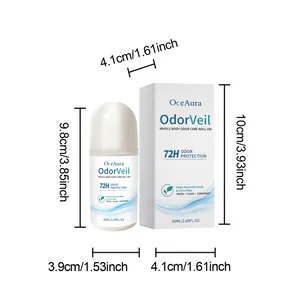 Dimensiones del desodorante roll-on OceAura OdorVeil y la caja en cm y pulgadas