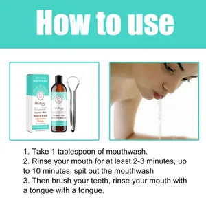 Detailed instructional guide showing how to use Oralhoe whitening mouthwash and tongue scraper.