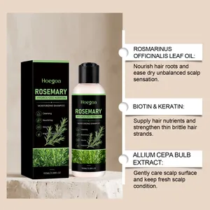Detail view of Hoegoa rosemary shampoo bottle with biotin and keratin ingredient panels