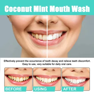 Effectiveness of coconut mint mouthwash showing teeth whitening before and after use.