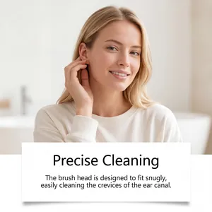 Woman using a flexible ear cleaning stick for precise and gentle ear canal care.