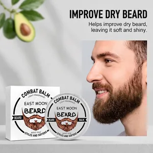 Bálsamo hidratante para barba en envase y lata que muestra los beneficios para la barba
