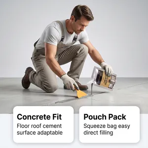 Professional applying vyreth concrete crack filler from a squeeze pouch onto floor.