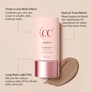 Detail view of zephoco CC tinted serum in wheat shade with creamy texture swatch