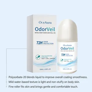 Vista detallada del desodorante roll-on OceAura OdorVeil 72H con empaque y características.