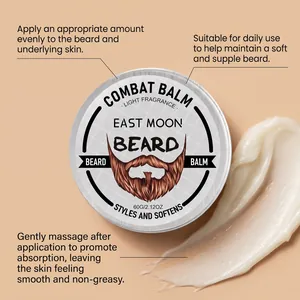 Vista macro detallada del bálsamo para barba East Moon con instrucciones de cuidado facial