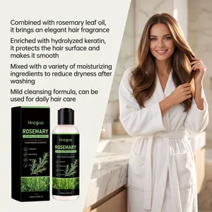 Detail view of Hoegoa rosemary moisturizing shampoo featuring hydrolyzed keratin benefits