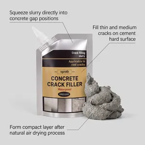 Close-up detail showing the grey concrete crack filler slurry extruded from pouch