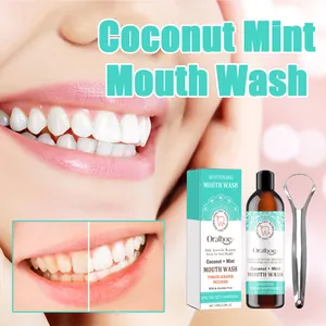 Detail showing Oralhoe coconut mint mouthwash and tongue scraper for effective teeth whitening.