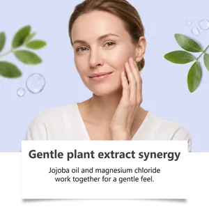 Close-up of woman touching soft skin with gentle magnesium and jojoba oil formula description