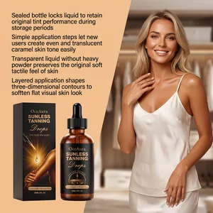 Dettaglio delle gocce autoabbronzanti OCEAURA con testi di marketing professionale