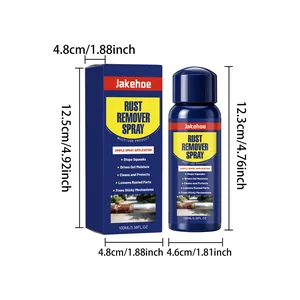Detailed dimensions showing height and width of Jakehoe 100ml rust remover spray bottle and box
