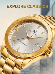 Macro detail of FORSINING gold automatic mechanical watch dial with silver sunray finish
