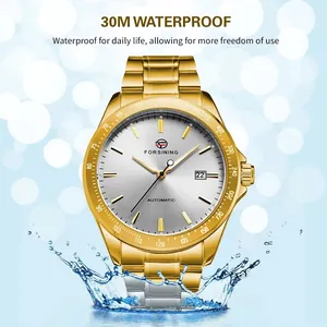Forsining automatic mechanical watch with gold steel strap and 30m waterproof rating