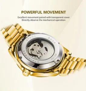 Close-up of automatic mechanical watch movement through transparent case back.