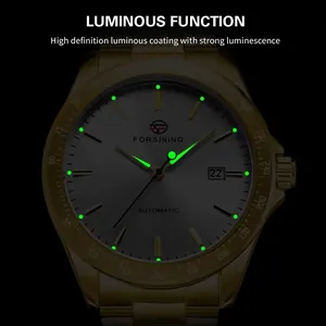 Detail view showing the high-definition green luminous function on a Forsining watch face.