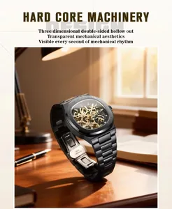 Detailed view of Forsining black mechanical watch showing internal skeleton gears.