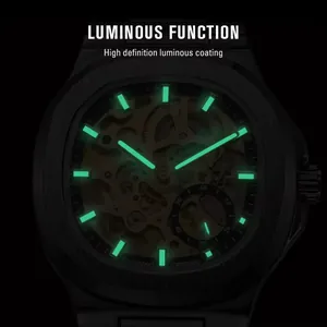 Detailed close-up of Forsining skeleton watch showing green luminous hands and markers