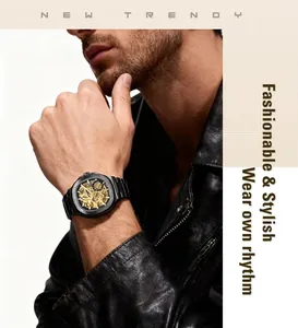 Detail shot of a black skeleton mechanical watch with golden gears on a leather jacket