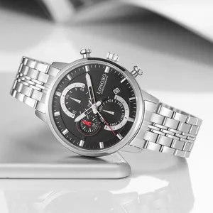 Elegant LONGBO Men's Business Chronograph Watch with Silver Steel Band and Black Dial