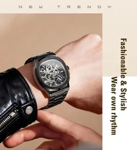 Close-up of Forsining black skeleton automatic mechanical watch on a man's wrist.