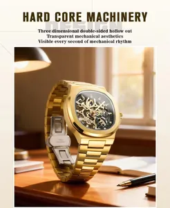 Detailed close-up of a gold skeleton automatic mechanical watch resting on a desk