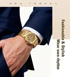 Detail view of FORSINING gold skeleton automatic mechanical watch on professional suit wrist