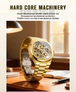 Luxury gold skeleton automatic mechanical watch with visible movement on a wooden desk
