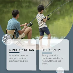 Father and son fishing lifestyle scene highlighting blind box calendar gift set features