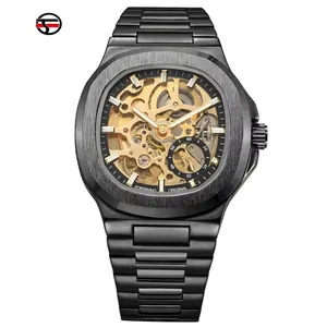 FORSINING men's automatic mechanical skeleton watch featuring black steel strap and gold movement