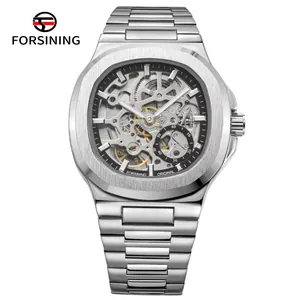Forsining automatic mechanical skeleton watch with silver stainless steel band