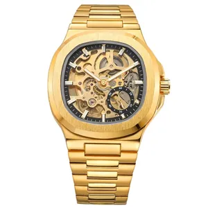 Forsining automatic mechanical gold watch with skeleton dial and alloy link bracelet