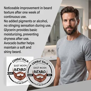Detalle del bálsamo para barba East Moon con texto y modelo para una barba suave y brillante