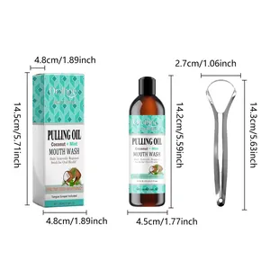 Detailed view of Oralhoe coconut mint mouthwash set with dimensions in cm and inch