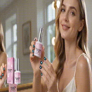 Model holding a bottle of pink Beautilux cat eye nail gel in a bright studio