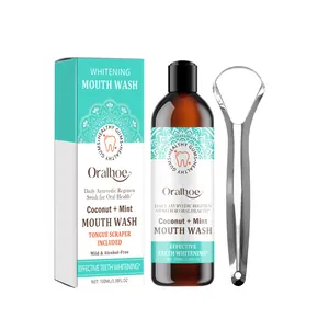 Oralhoe whitening mouthwash set with coconut mint flavor and stainless tongue scraper