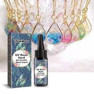 Dowmoo 50g UV curable resin liquid bottle with colorful crystal resin pendant samples.