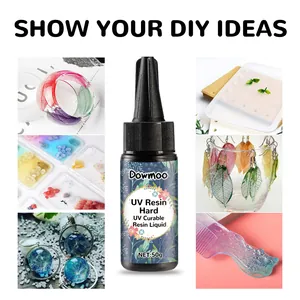 Creative DIY resin craft ideas featuring clear UV resin bottle and finished art pieces