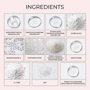 Macro view of UV nail gel ingredients including acrylates and fumed silica components.