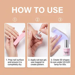 Detailed instructions for applying 3D cat-eye nail gel to create magnetic patterns