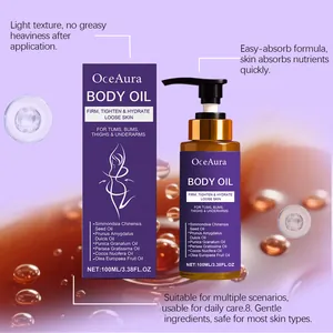 Vista detallada del producto del aceite corporal OceAura con lista de ingredientes botánicos