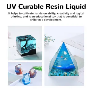Detailed showcase of finished UV resin crafts including whale cube and ocean pyramid