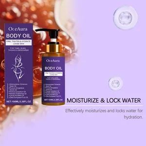 Vista detallada del frasco de aceite corporal OceAura y su lista de ingredientes botánicos