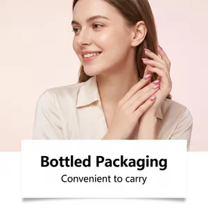 Model showcasing pink metallic 3D nail gel art with bottled packaging text description