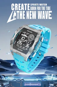 SMAEL sky blue digital sports watch with square face, LED display and 5ATM water resistance