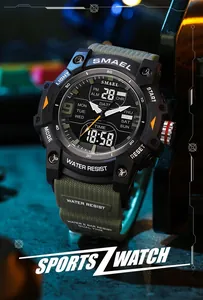 Close-up of SMAEL rugged sports watch featuring dual display and green textured strap